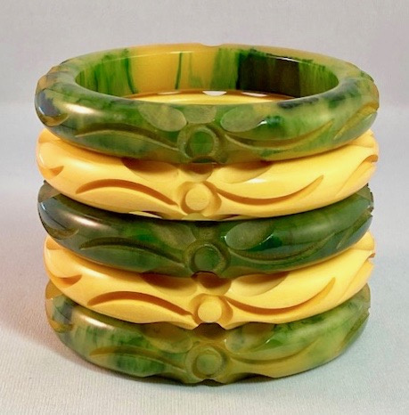 BB246 flower carved bakelite bangles in corn and marbled green